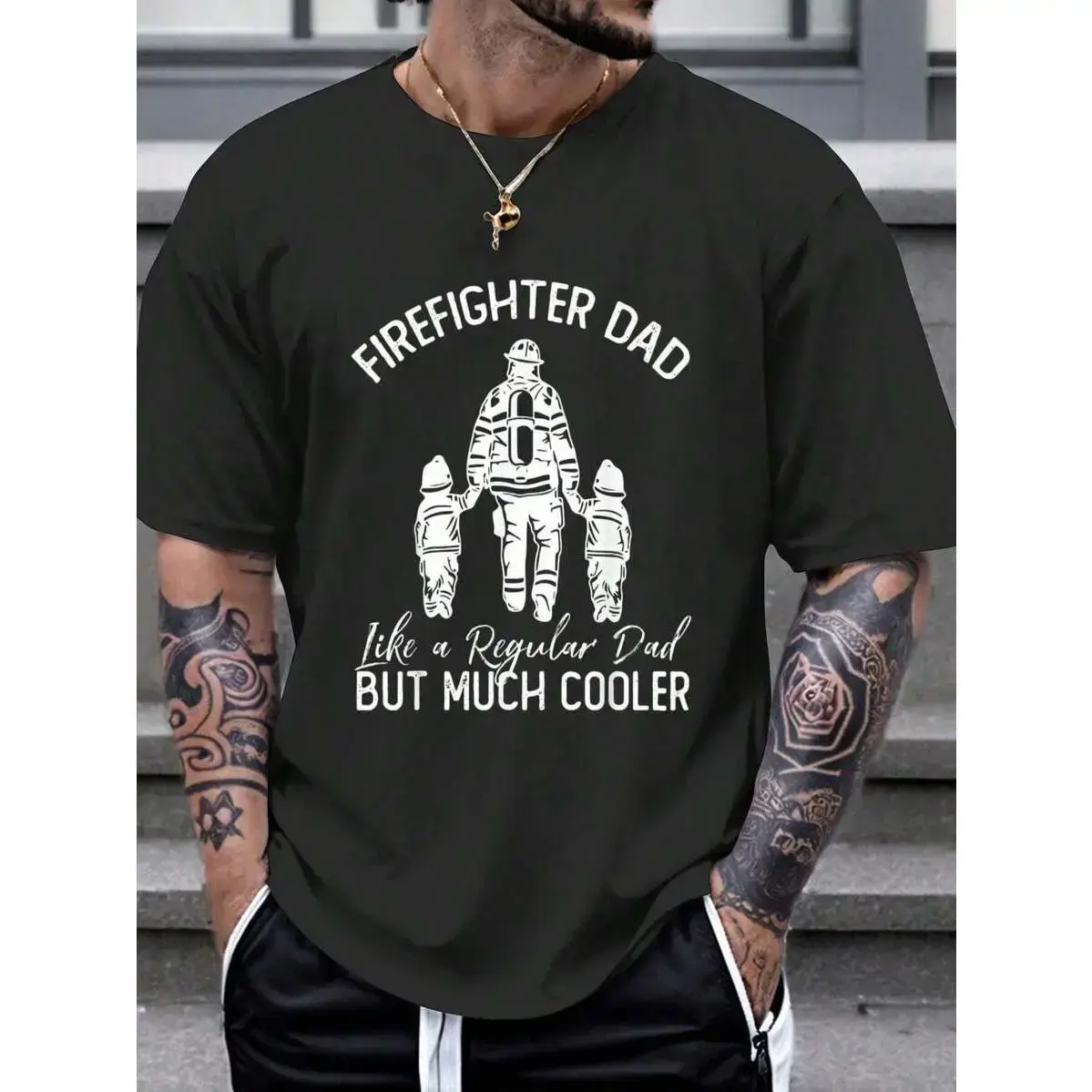 100% Cotton Firefighter Dad Father Of 2 Hero Husband Firemen Fathers Day T-Shirt Women's Men's Graphic Tee Black Crew Neck T-Shirt Short Sleeve Summer Tee Tops lsj08