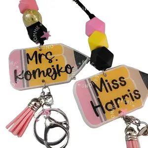 Mommie Peas Creations Teacher Lanyard Custom Beaded Pencil with Glitter Acrylic Breakaway Badge Holder 21 Inches Durable Paracord Handmade Gift