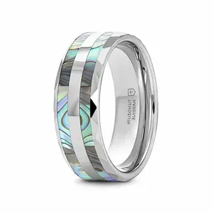 The Paua Abalone Shell Inlay Faceted Tungsten Ring With Beveled Polished Edges 8mm