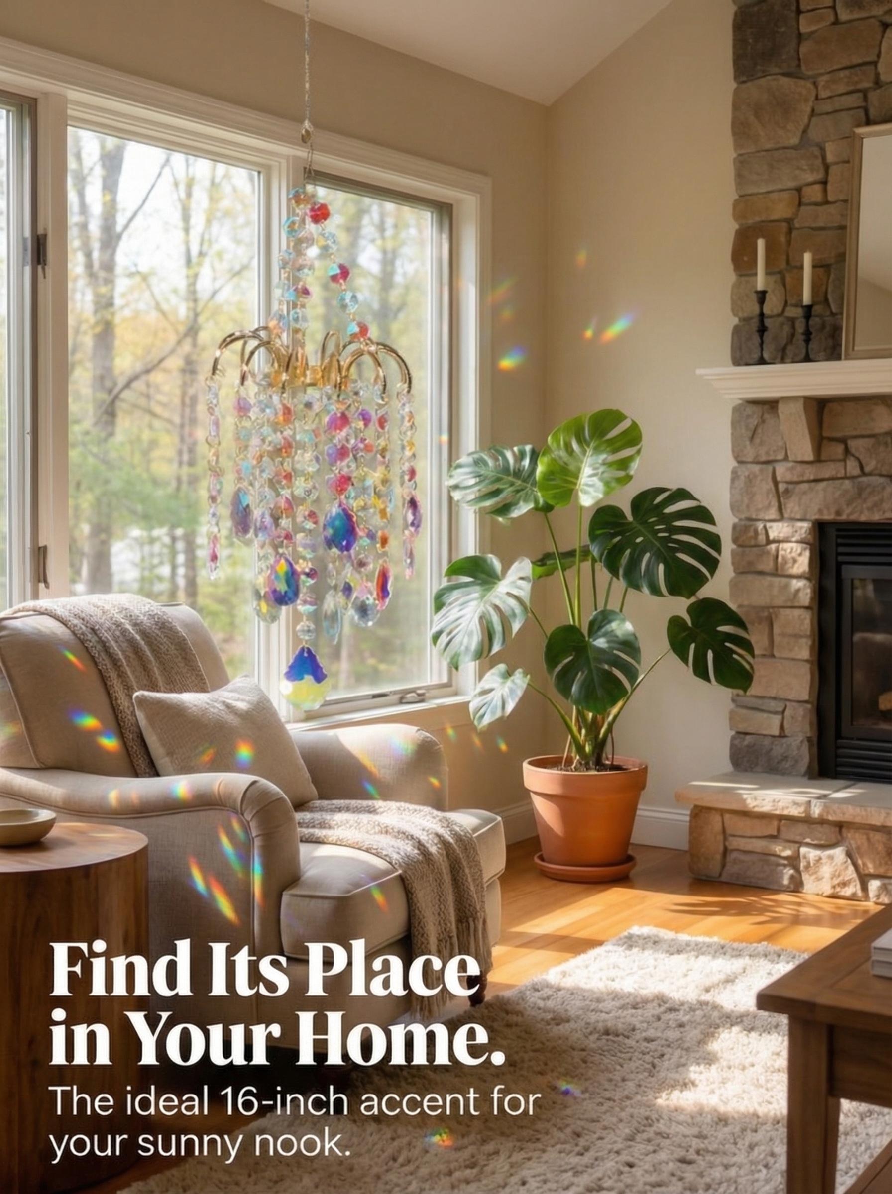 16 Inch/42cm Gold Crystal Sun Catcher | Rainbow Maker Window Decor.Creates dancing rainbows on walls. Gold metal frame with artificial crystals. great gardening , french doors ,  rain box chime unique large memorial wind chime french doors