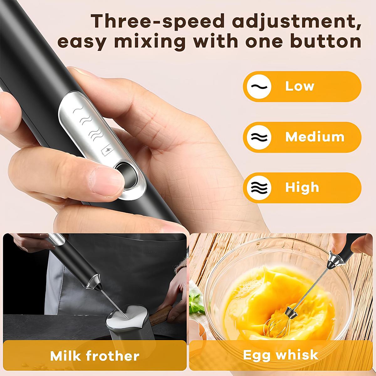 Electric Rechargeable Milk Frother, Handheld Coffee Frother with 3 Detachable Stainless Steel Whisks, 3-Speed Drink Mixer for Latte, Cappuccino, Matcha, Protein Powder, Hot Chocolate & Eggs
