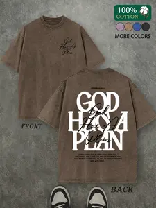 Men's Vintage Washed Distressed T-Shirt, Loose, Short, Dual-Sided Print, 230 Pure Cotton Material, God Has His Own Plan Letter Print, Casual Street Style, Streetwear, Breathable, Natural, Soft, Top