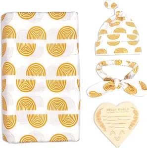 Boho Rainbow Baby Blanket Set with Hat, Headband, and Announcement Card