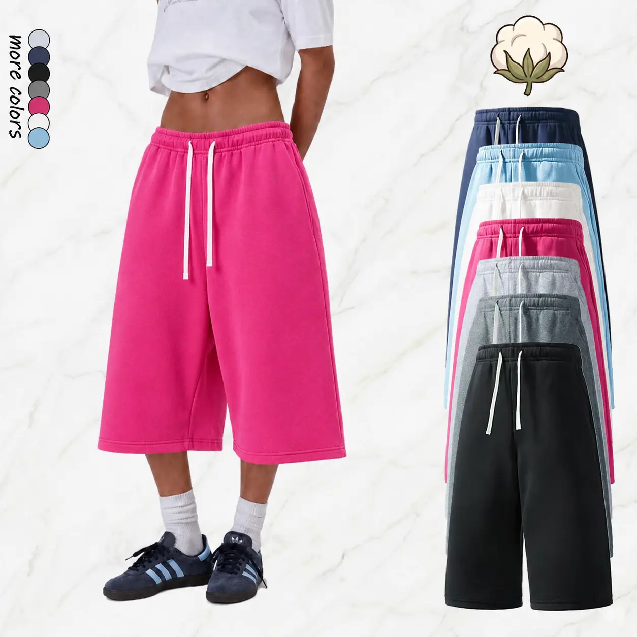 Women's Minimalist Solid-Color 3-Quarter Cotton Bottoms Shorts, 1 Piece, Breathable Drawstring Waistband with Pockets, Machine Washable, Activewear Sportswear Athletic for Everyday Casual Wear, Summer Vibes