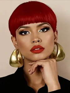 Red Color Pixie Cut Straight Human Hair Wig for Women Full Machine Made Wig 150% Density 6 Inch
