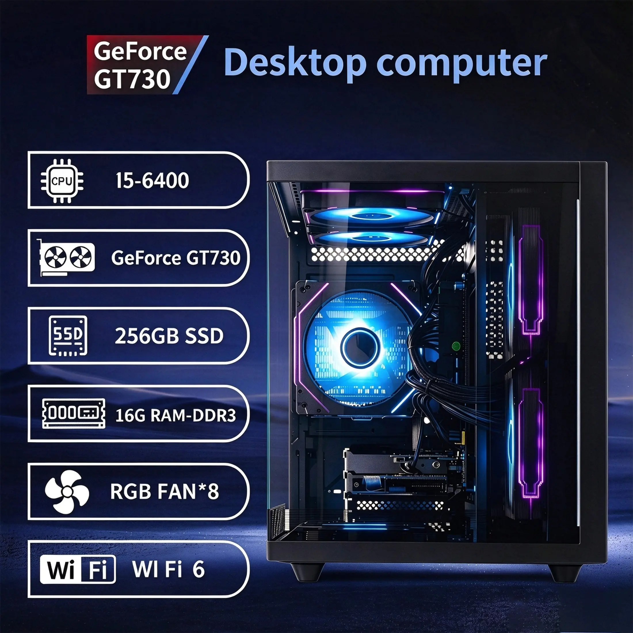 V900 Black Prebuilt Gaming PC, Intel i5-6400, H110 Motherboard, 16GB DDR3 RAM, 256GB SSD, GT730 2G Graphics Card, 8 RGB Fans, WiFi6, Desktop Computer for Gaming & Office