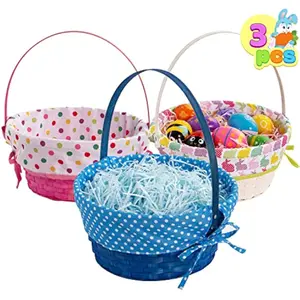 3 Pcs Easter Bamboo Baskets with Polka Dots Lining and Handle, Woven Easter Eggs Hunting Bucket, Wicker Candy Toys Storage Baskets for Picnic, Gift Packing, Party Favors Decorations(10" X 12")