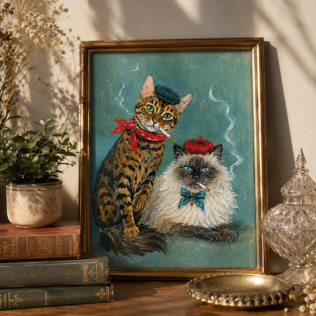 Vintage Cat Portrait Poster, Whimsical Cat Wall Art, French Beret Kitty Print, Retro Animal Decor, Cat Lover Artwork