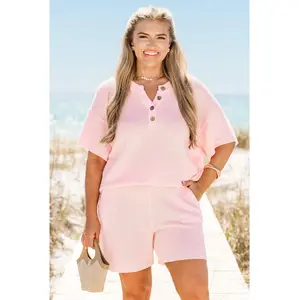 Chic Soul Lady's Lightweight Soft Knit Basic Lo Short-Sleeve Casual Elastic Off-in-Paradise Women's Clothing Set, Blush Pink, Knitwear, Shortsleeve