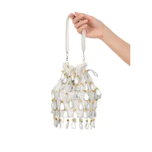 Keisha Ivory Embellished Drawstring Bag | Handmade Beaded Bridal Bucket Bag