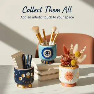 Bohemian Style Evil Eye Ceramic Storage Jar, Sun Moon Stars Design, Desktop Pen Holder, Makeup Brush Organizer, Home Decor Bucket