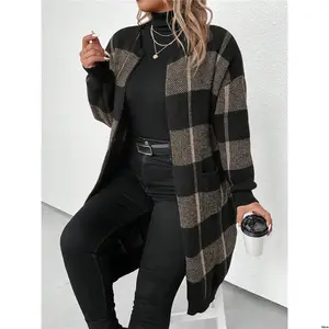 Cardigan Drop Pattern Plus LUNE tiktok Size Plaid Shoulder For Winter