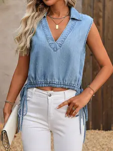Y2K Style Women's Light Wash Denim Vest Jacket Tops, Casual Streetwear Fashion, Loose Fit Design, Perfect for Spring Summer Autumn Winter