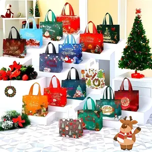 Christmas Wishing Pattern Non-Woven Fabric Handbag Chocolate Material Reusable Insulated Bag for Gifts Picnics Parties 32 Gift Bags with Handles 9.8in*5.5in*12.6in Decoration