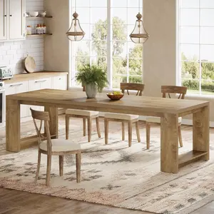 Tribesigns 86.61-Inch Dining Table for 6-8, Farmhouse Narrow Kitchen Table with Pedestal Base, Extra Long Rectangular Dining Room Furniture, Natural Oak