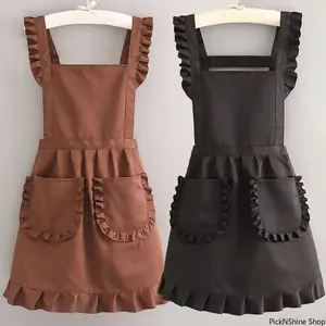 Princess Style Korean Kitchen Apron, Adjustable Neck & Waist Straps With Pockets, Wearable For Home Cooking And Nail Studio Daily Work