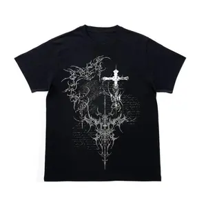 Gothic Cross Sigil T-Shirt, Y2K Grunge Cyber Script Graphic Shirt, Vintage Aesthetic Streetwear Tee, Crew Neck, Short Sleeve, Cotton, Gift for Aesthetic Him Her, Men And Womenswear Top