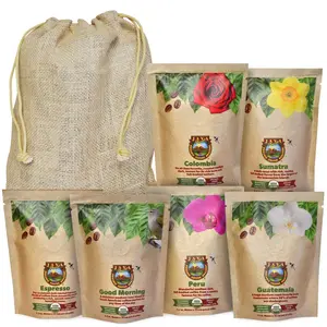 Java Planet, Coffee Gift Basket Sampler Set, for Coffee Lovers in Linen Bag: Low Acid Organic Beans: Whole Bean, Mold-Free & Stomach Friendly - Arabica Gourmet, 1.32 LBs (19.2 oz) packaged in 6 Bags Each 3.2 oz