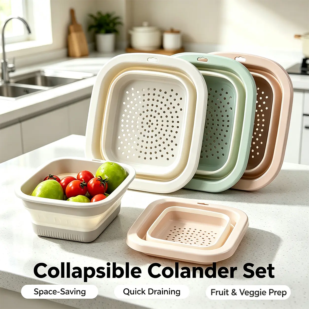 Portable Foldable Filter Basket - 2-in-1 PP Plastic Fruit Prep Tool with Draining Holes, Foldable Shape, Space-Saving Kitchen Sink Accessory for Camping, RVs, Everyday Kitchen Use