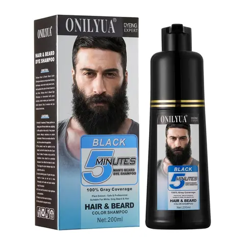 Men's Black Botanical Liquid Hair Coloring Shampoo, 3-in-1 Beard & Mustache Dye, Quick-Easy At-Home Use, Long-Lasting Haircare Product