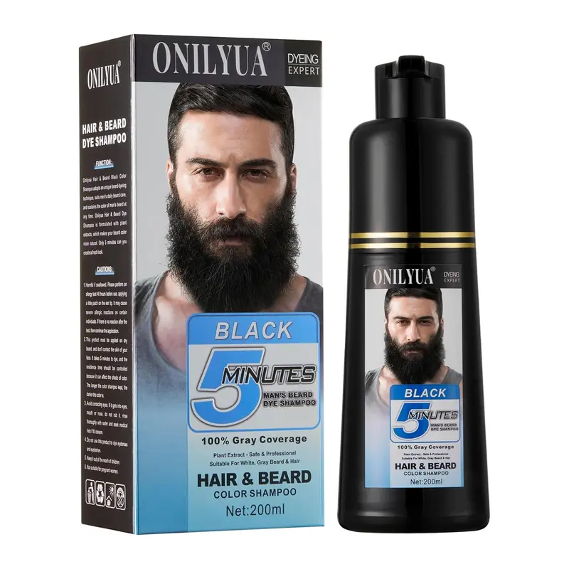 Men's Black Botanical Liquid Hair Coloring Shampoo, 3-in-1 Beard & Mustache Dye, Quick-Easy At-Home Use, Long-Lasting Haircare Product