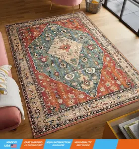 4'*6' Boho Area Rug Non-Slip Washable Rugs Soft Vintage Carpet for Bedroom Indoor Door Mats Durable Machine Washable Rug Non Shedding Living Room Rugs Entryway Rugs(4'*6',red)