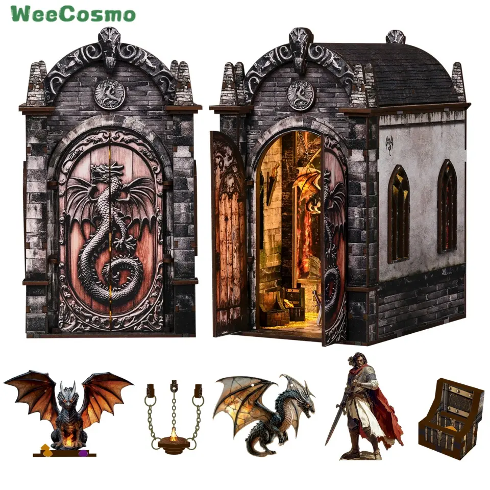 Dragon's Treasure Labyrinth Wooden Book Nook DIY Model Kit, Unisex Manual 3D Wooden Puzzle Buildings, Vintage Renaissance-Victorian Abstract Style, Miniature Dollhouse Shelf Decoration, Adult Birthday Gift