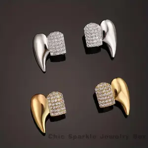 2pcs Hip Hop Double Paved Faceted Synthetic Zirconia Fang Teeth Grills, Punk Style, 14K Gold Plated, Copper, for Halloween, Personality Golden Teeth Accessories, Unisex  Oral