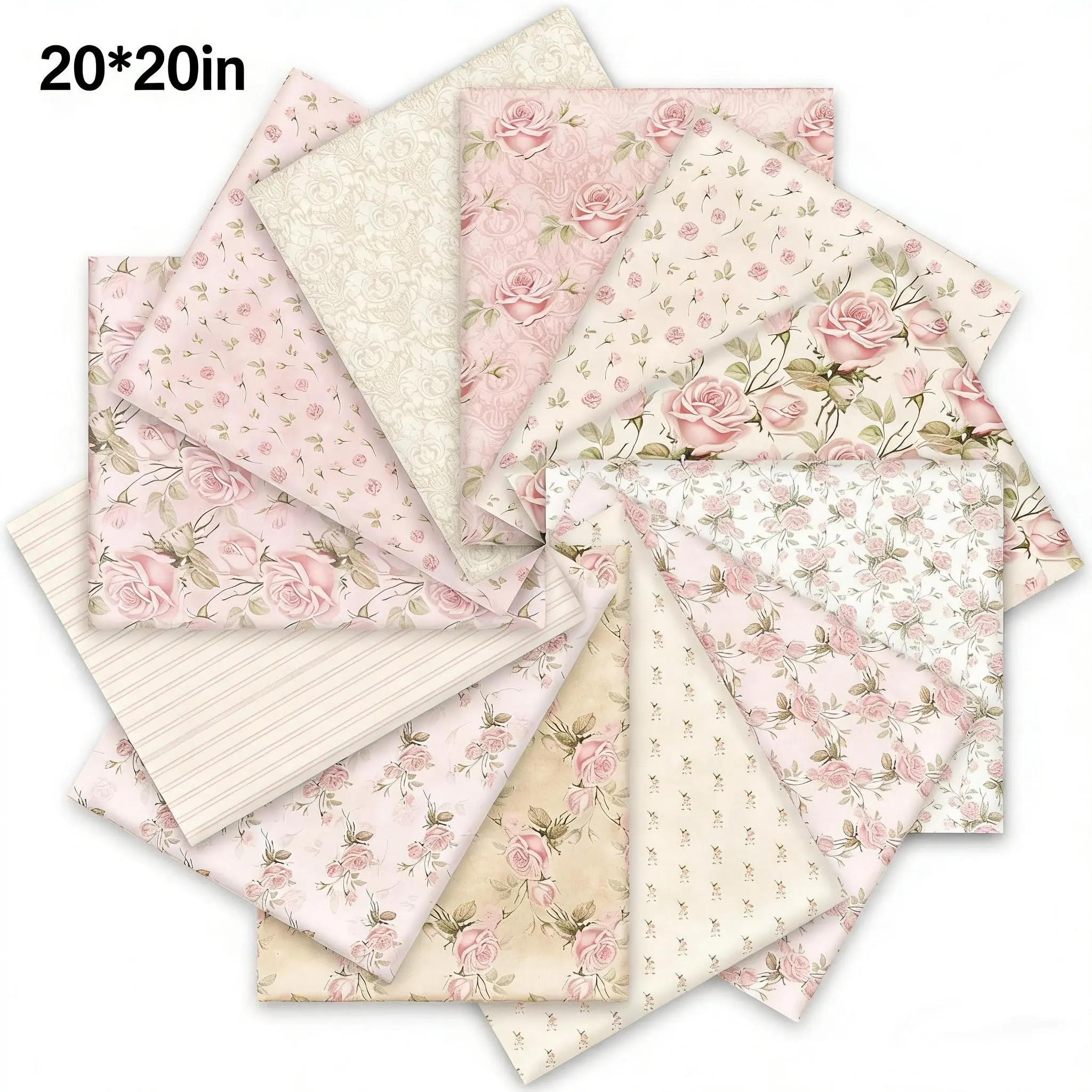 12-Pack Spring Cotton Fabric Bundles, 20x20 in Retro Floral Charm Fat Quarters, Pink Flower Sewing Squares for Car Interior Decoration, DIY Handmade Crafting (Spring Floral Theme)