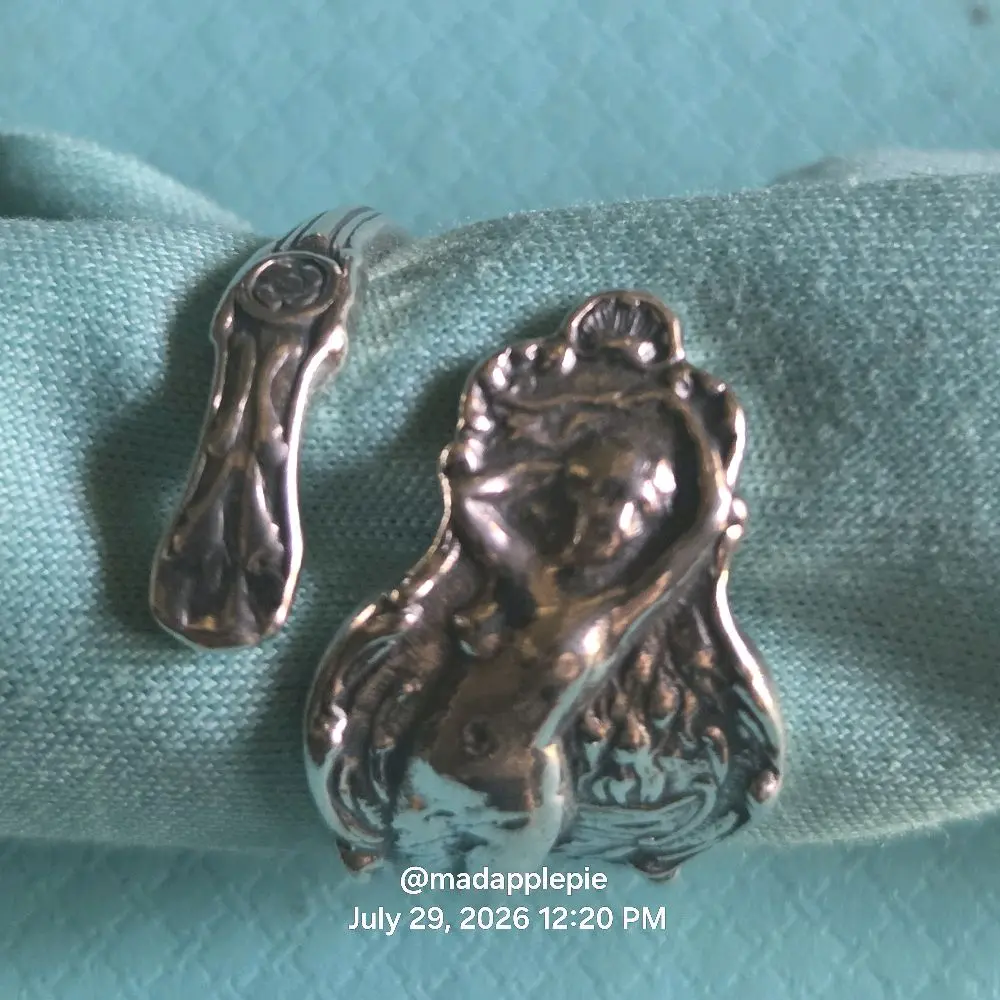 Vintage Sterling Silver Spoon Ring, Nude Goddess Woman Muse Nymph Design #126