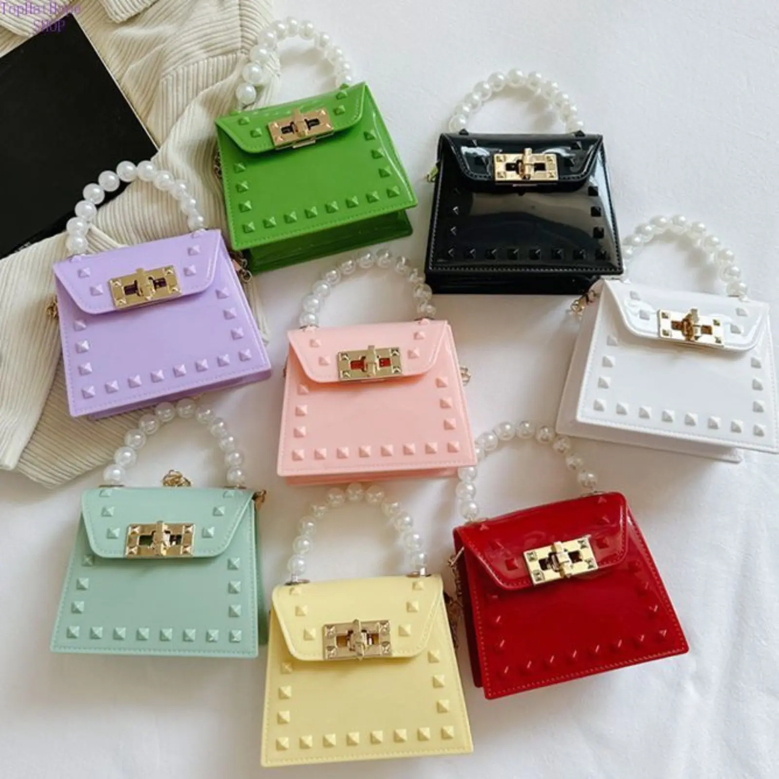 Women's Punk Studded PVC Jelly Satchel - Mini Size Crossbody Bag with Pearl Handle, Glossy Chain for Daily, Party Use
