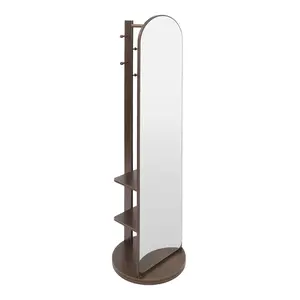 Arch Full Length Mirror with Coat Rack 4 Hooks Walnut Free Standing Floor Mirror for Bedroom Bathroom Living Room