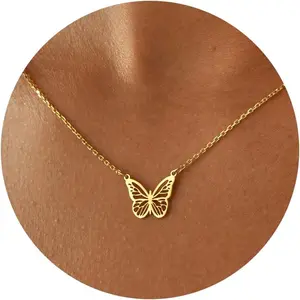 14K Gold Plated Dainty Pendant Butterfly Bead Boot Bee Baseball Flower Compass Airplane Heart Hummingbird Tree Necklace Simple Jewelry Gift for Women