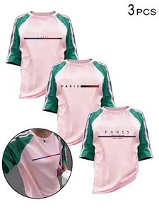 3 PCS Paris Print Raglan Sleeve T-Shirts for Women, Y2K Aesthetic Pink Green Color Block Striped Tees, Oversized Casual Sporty Vintage Graphic Tops,Perfect for Daily Wear, School, Shopping, Date Night, Retro College Style for Teen Girls, Gen Z Fashion