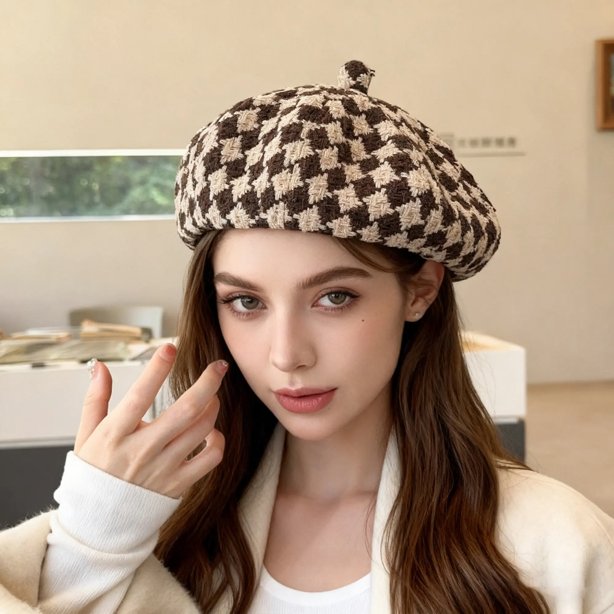Women's British-Style Houndstooth Print Fashion Beret, Fitted Polyester Painter Cap for Travel, Shopping, 56-58cm Sports & Outdoor Hat, Slight Color Difference Acceptable