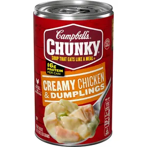 Creamy Chicken and Dumplings Soup Ready to Eat Hearty Soup with Chicken Vegetables and Dumplings Rich Texture Easy Heat and Serve Meal Option 18.8oz Can