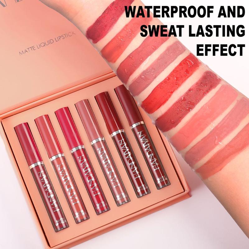 HANDAIYAN 6Pcs Velvet Matte Lip Stain Set | Long-Lasting Waterproof Lipstick Kit with Nude Palette, Non-Stick Gloss Lipgloss gloss bomb shimmer stix Matte Liquid Lipstick Makeup Set Cosmetic Glossy 6A beauty guru