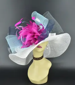 SD20 Kentucky Derby Hat with Wide Brim, Navy Blue, White, and Fuchsia Feather Flower, Wide Brim, Ideal for Weddings and Royal Events