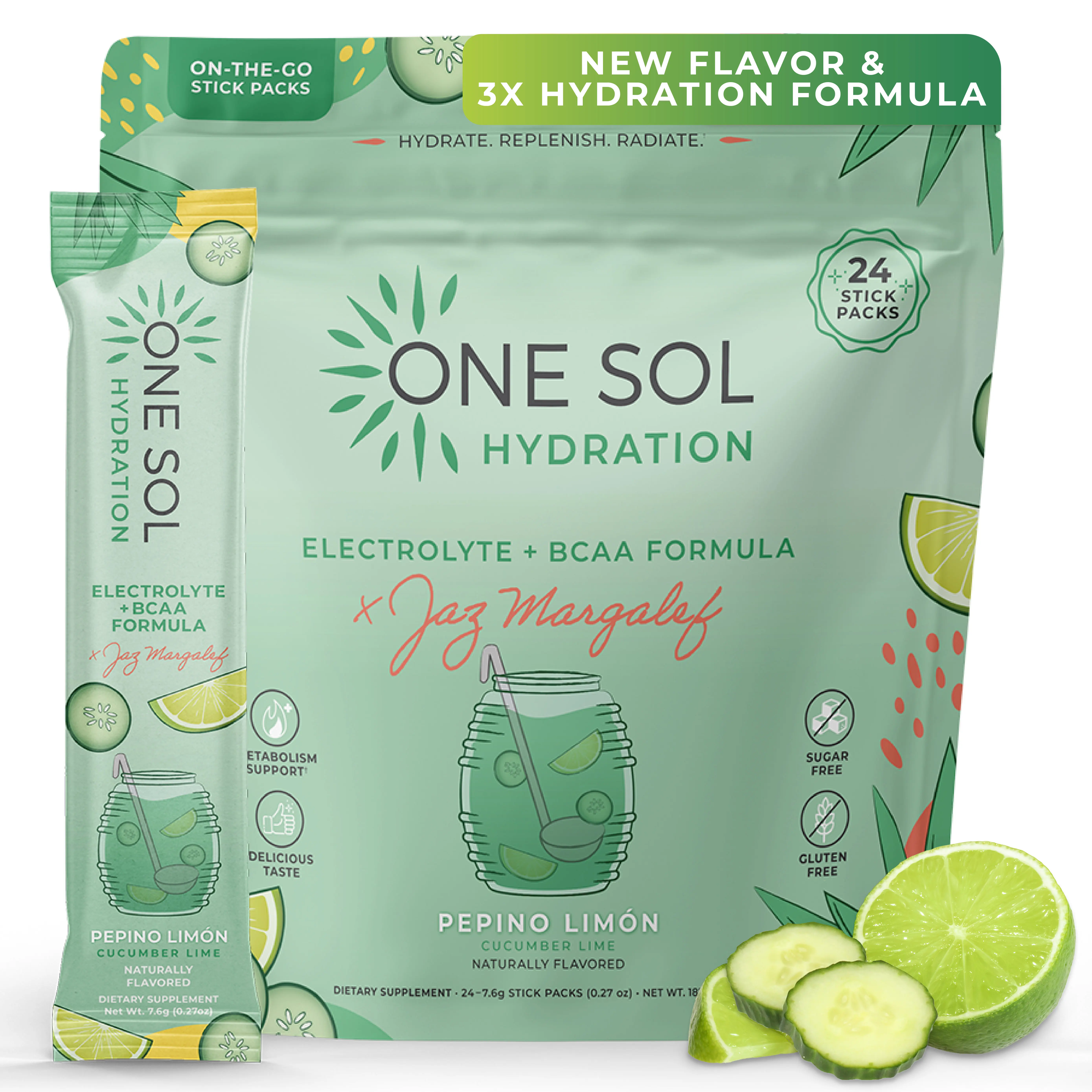 One Sol Hydration - Pepino Limon Flavor ft. Jazmin Margalef - On The Go Lean Hydration + Electrolytes, BCAA's, Coconut Water, and Trace Mineral Booster - Cucumber Lime Agua Fresca