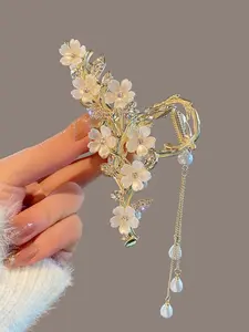 Women Pearl Tassel Flower Metal Shark Hair Clip, Temperament Hair Accessories, Hair Claw, Alloy Rhinestone Hair Clamp, Hair Styling