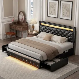 Torana Queen LED  Frame with 2 Storage Drawers, Adjustable Crystal Tufted Headboard,No Box Spring Needed, PU Leather & Velvet,Black/Black/Beige/Gray