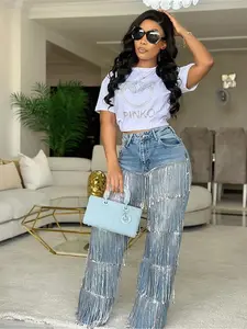 New Women's Fashion Button Decoration Fringed Loose Straight Pants, Casual Bohemian Trousers, Trendy Casual Wear for Stylish, Comfortable Fit for Everyday Use