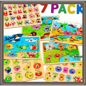 7 Pack Wooden Puzzles for Toddlers 2 3 4 5 Years Old - 7 Colorful Chunky Wood Peg Puzzles for Kids Ages 2-5, Alphabet Shape Numbers Fruits Sea Animals Dinosaur Zoo - Educational Toddler Learning Toys(Gag Toys & Practical Jokes)(Gag Toys & Practical Jokes)
