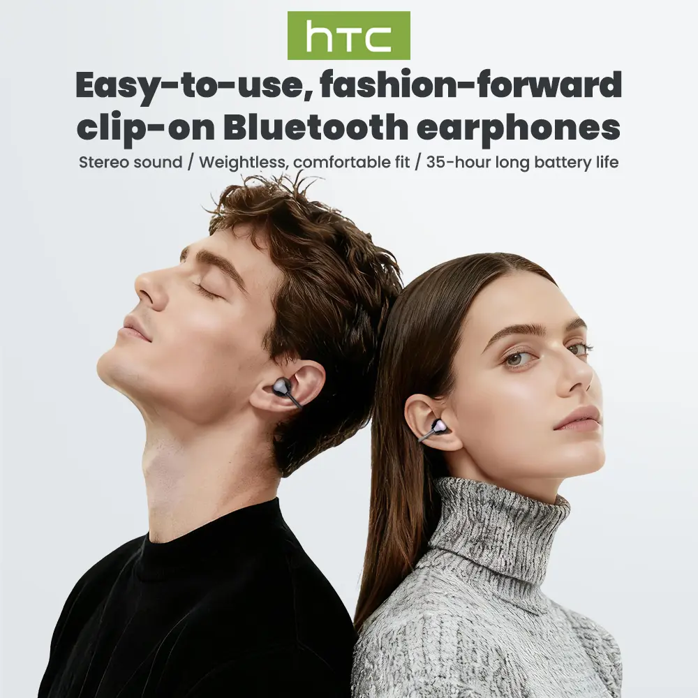 HTC NE67 Clip-On Ear Headphones, Spring Design, Imperceptible Wearing, Wireless Earbuds Bluetooth 6.0, Sport Waterproof & Sweatproof, Suitable for Office, Sports, Study and Audio Calls, Built in Microphone, Gaming Bluetooth Headphones