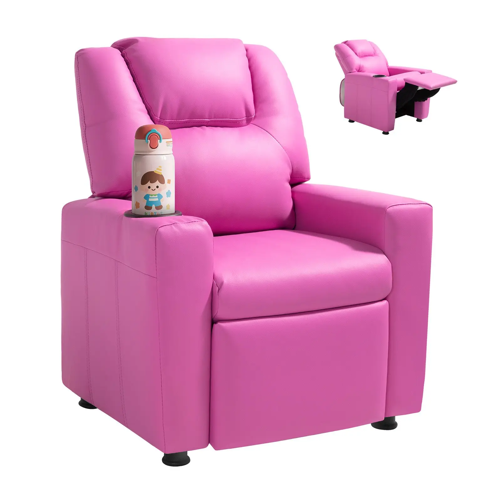 【DealsForYouDays】 VEVOR Kids Reclining Chair, Toddler Recliner with Cup Holder, 101 to 121 Adjustable Backrest, Easy-to-Clean PU Leather Recliner Couch with Footrest, 90 lbs Load, for Boys Girls, Children (Pink)