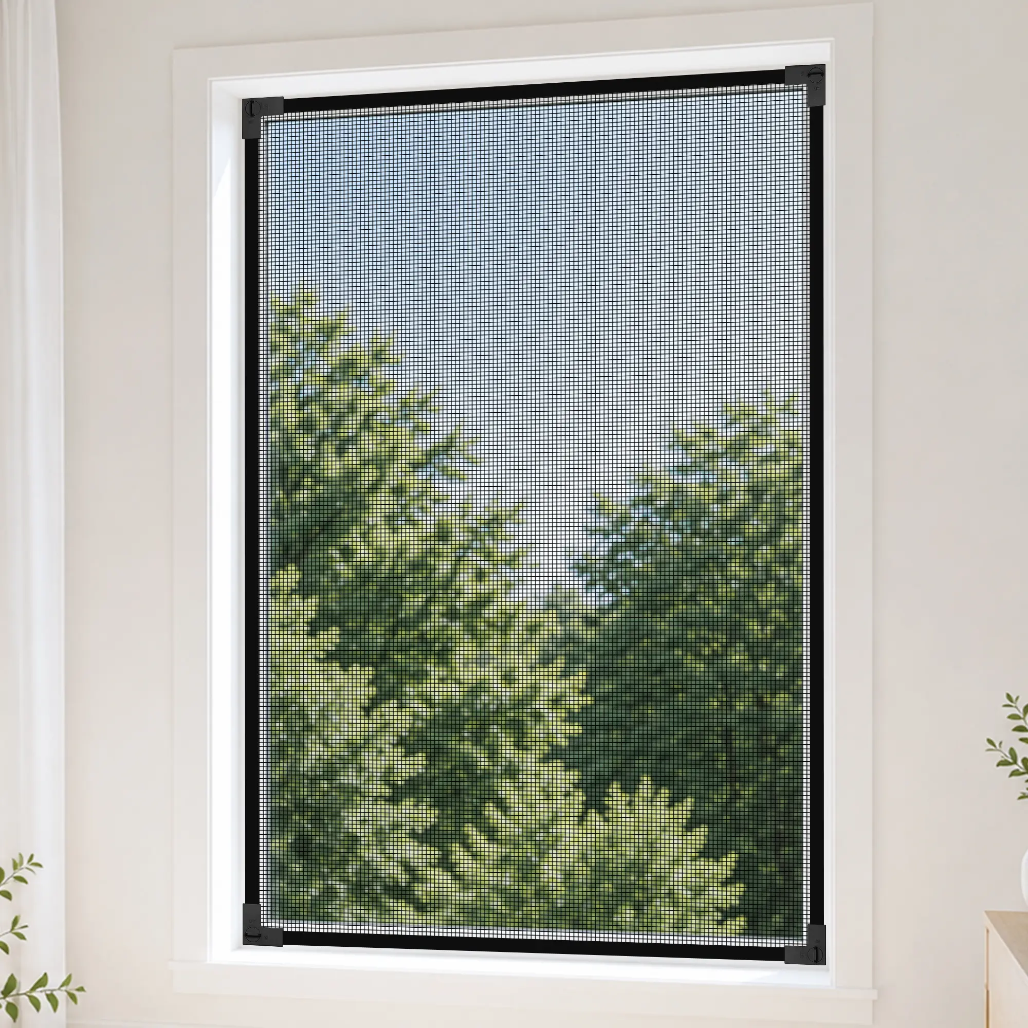 Stainless Steel High-Density Self-Adhesive Insect Screen Mesh Bug Barrier for Home Windows, Renter-Friendly No-Drill Setup, Easy-Install with Secure Corner Locks, Quick-Peel Access, Easy to Clean & Removable Window Hardware