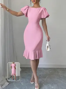 Elegant Formal Wear Women's Bubble Sleeve Short Dress, Slim Fit Round Neck, Hidden Zipper Back, Ruffled Hem, Elegance, Perfect for Music Festivals, Evening Parties, Business