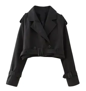 Women’s Belted Short Trench Coat With Long Sleeves