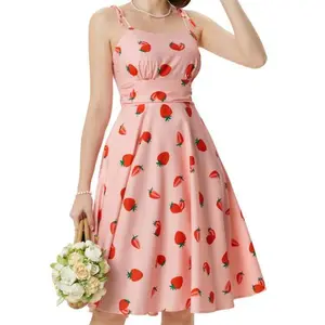 Belle Poque Vintage Floral Dress for Women Summer 1950s A-line Sleeveless Swing Flowy Ruched Midi Wedding Guest Dresses