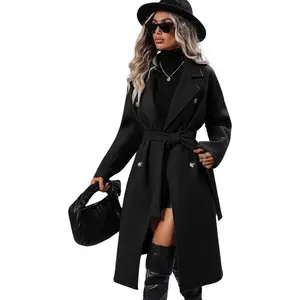 Womens Long Wool Pea Coat Notched Lapel Double Breasted Trench Coat Winter Warm Overcoat with Belt
